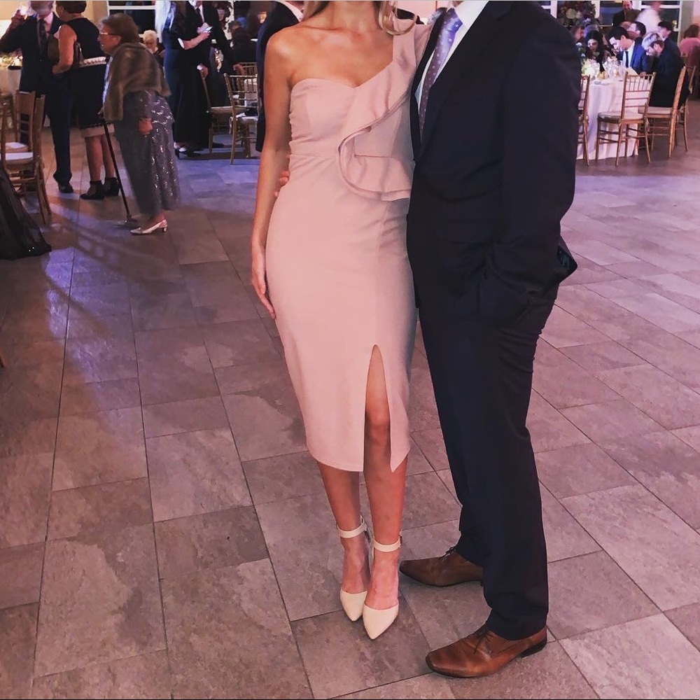 One shoulder blush ruffle dress with slit